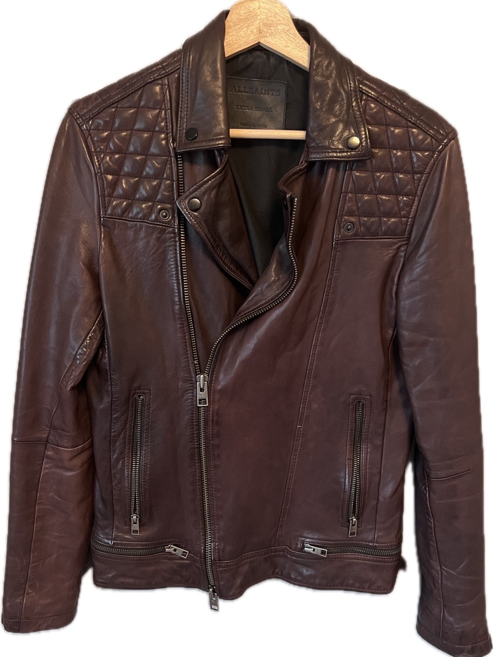 All Saints Quilted Shoulder Real Leather Biker Jacket - Brown
